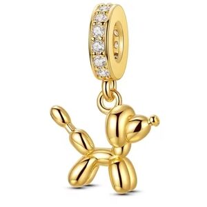 Gold Balloon Dog Charm with Crystal Accent Sterling Silver 925